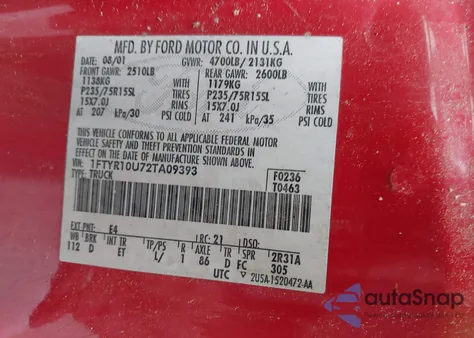 2002 Ford Ranger Edge/Xl/Xlt from USA, damaged, VIN 1FTYR10U72TA09393